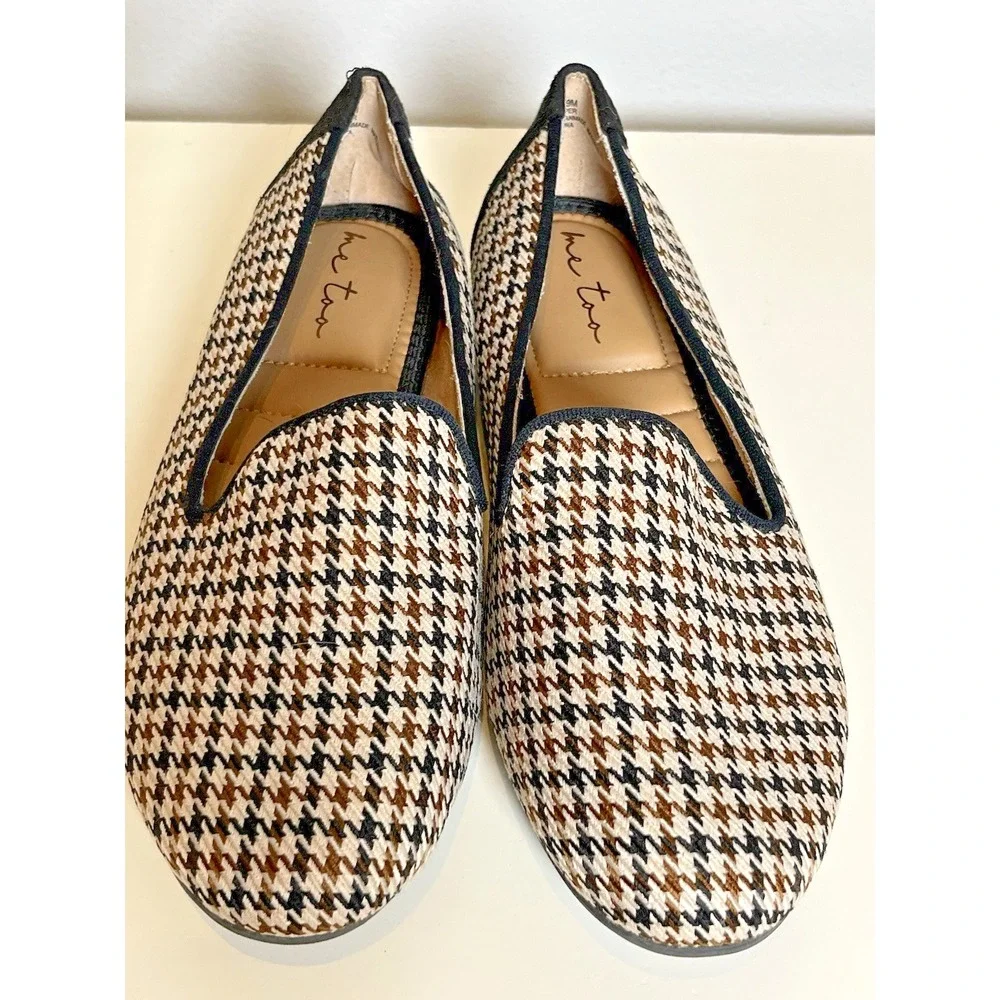 Me Too Houndstooth Flats Womens Sz 9 Black Brown Tan Old Money Preppy Classy